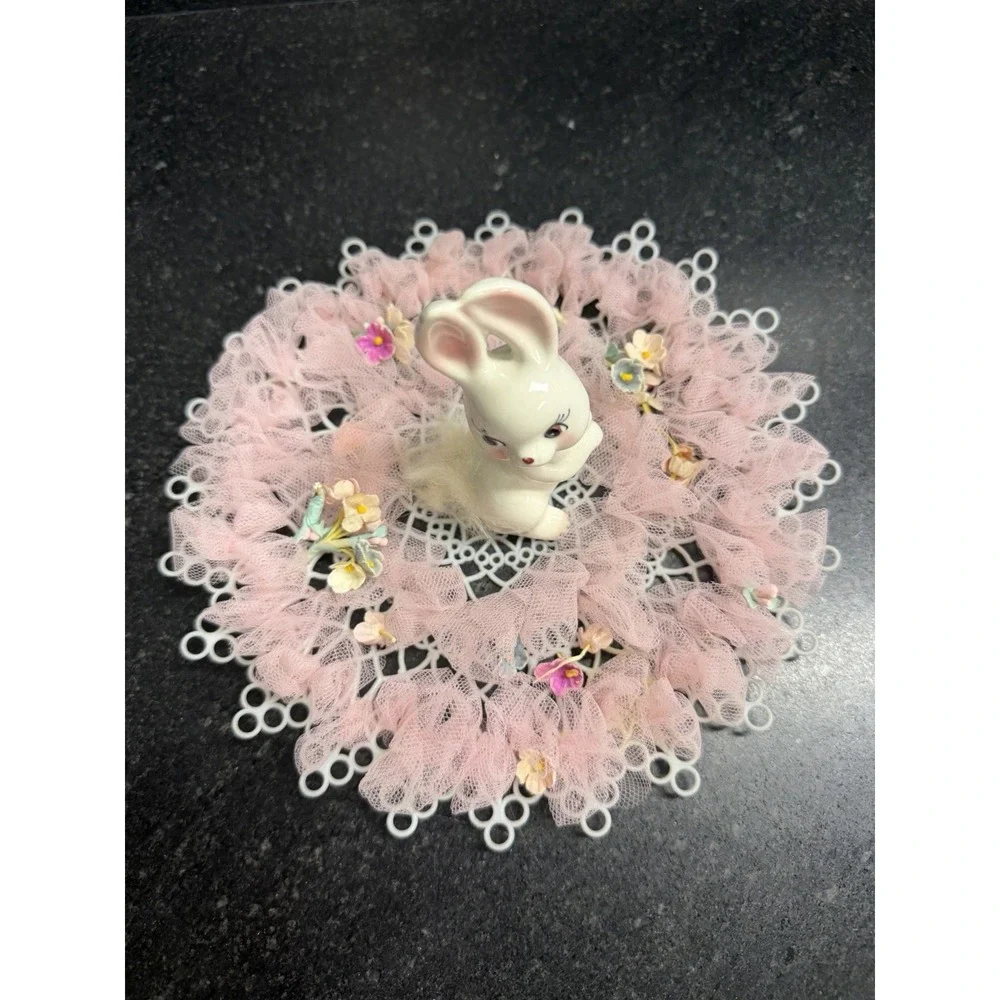 Vintage Ceramic Bunny Rabbit Figurine w Fur Tail Pink Tulle Easter Centerpiece‎